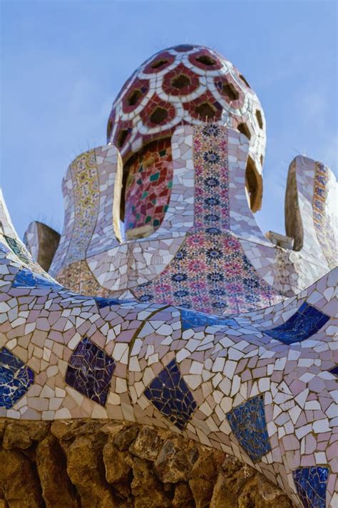 Detail of Colorful Mosaic Work of Park Guell. Barcelona of Spain ...