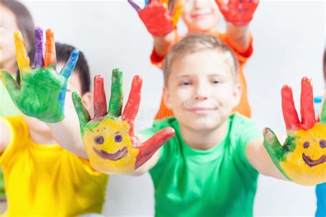 Happy Kids with Painted Hands. International Children S Day Stock Photo ...