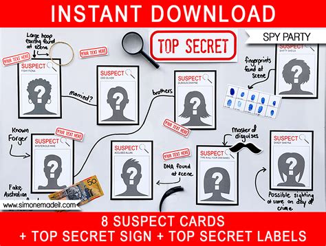 Printable Spy Party Decorations | Suspect Cards & Top Secret Labels ...