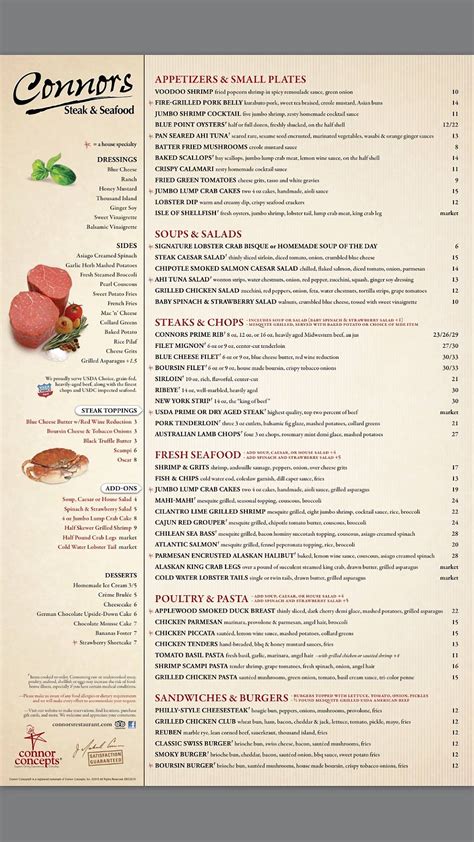 Menu at Connors Steak & Seafood pub & bar, Knoxville