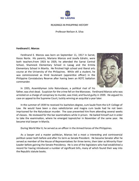 Biography of Ferdinand Marcos - READINGS IN PHILIPPINE HISTORY Professor Neilson A. Silva ...