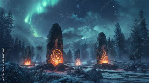 Ancient rune stones glowing under a cosmic aurora, mystical symbols ...