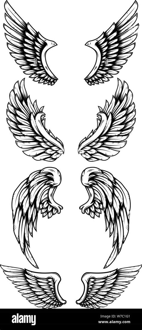 Set of eagle wings in tattoo style. Design element for logo, label, sign, poster, card, t shirt ...