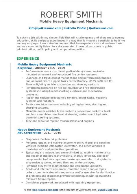 Heavy Equipment Mechanic Resume Samples | QwikResume