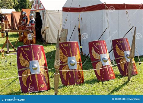 Roman Shields Scutum in Array at Military Camp, Living History ...