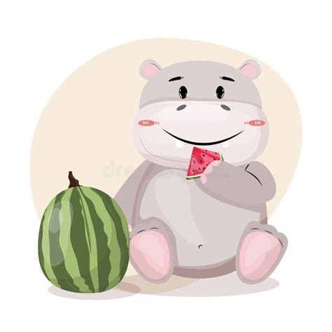 Happy Hippopotamus Eating a Watermelon. for Prints, Banners, Cards ...