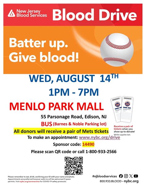 Aug 14 | Menlo Park Mall Community Blood Drive - Pair of NY Mets ...