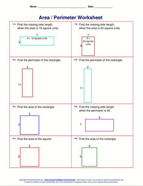 Area and perimeter worksheets (rectangles and squares)