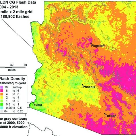 Cloud-to-ground flash density over Arizona on a 2-mile grid from 2004... | Download Scientific ...