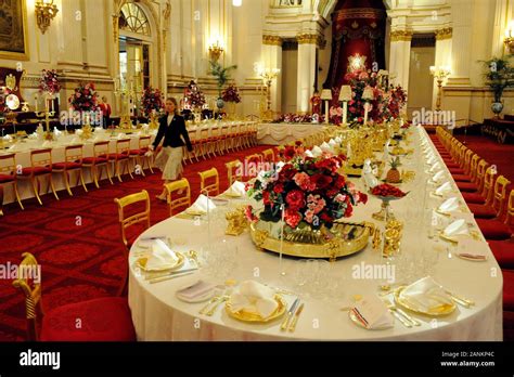 The Grand Ballroom at Buckingham Palace in London being laid out for a ...