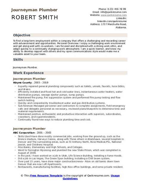 Journeyman Plumber Resume Samples | QwikResume