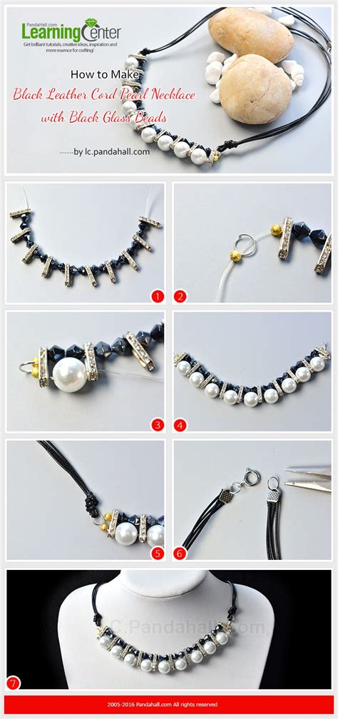 How to Make Black Leather Cord Pearl Necklace with Black Glass Beads ...