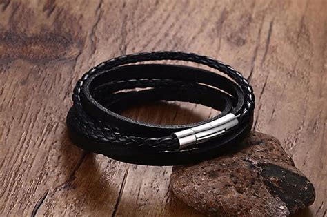 Multiwrap Genuine Black Leather Stainless Steel Bracelet - Ancient Explorers