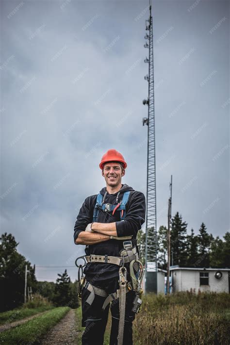 Premium Photo | Telecom technician man in uniform with harness