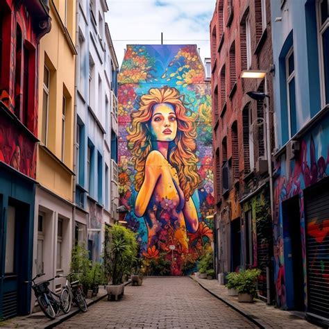 Premium AI Image | Bustling Street in Brussels Adorned with Vibrant Street Art Murals