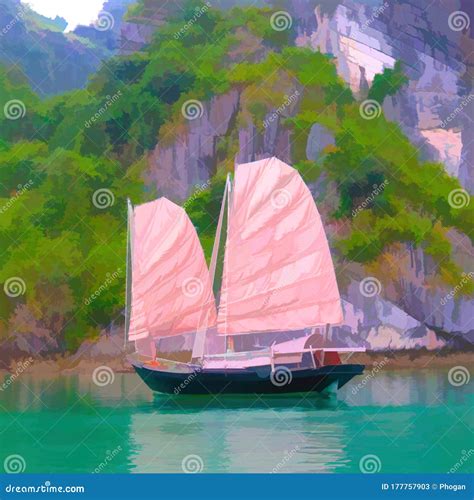 Impressionism Asian Junk Boat on Halong Bay in Vietnam, Southeast Asia Stock Image - Image of ...