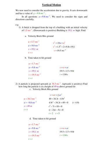 vertical Motion Worked Examples | Teaching Resources