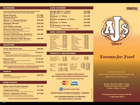 Menu at AJ's Diner restaurant, Crossgar