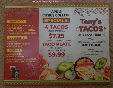 Menu at Tony's Tacos restaurant, Azusa