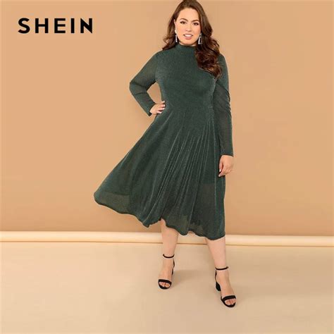 SHEIN Plus Size Army Green Long Sleeve Stand Collar Long Women Glitter ...