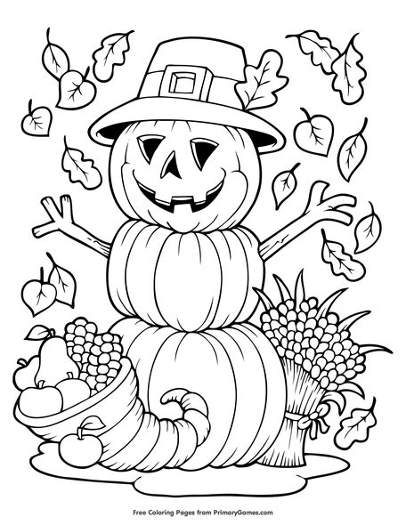 Pumpkin Scarecrow And Cornucopia Coloring Page • FREE Printable PDF from PrimaryGames