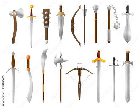 Cartoon medieval weapon. Old sword, bow and axe. Fantasy knight battle ...