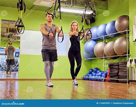 Sporty Male and Female Doing Trx Straps Exercises in a Gym Club. Stock ...