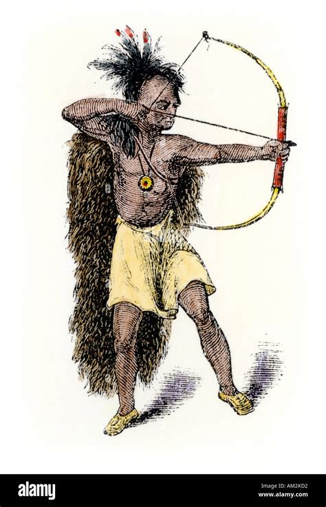 Iroquois warrior aiming his bow and arrow. Hand-colored woodcut Stock ...