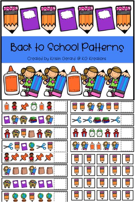 Back to School Theme Pattern Cards - Extending Patterns Math Activity | Math patterns, Card ...