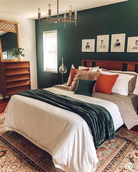 Green Walls, master bedroom, midcentury dresser, white bedding, orange and green... | 1000 ...