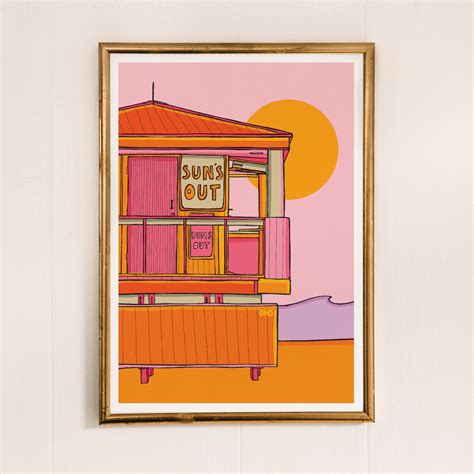 A vibrant art print of a beach hut is illustrated in bright pinks ...