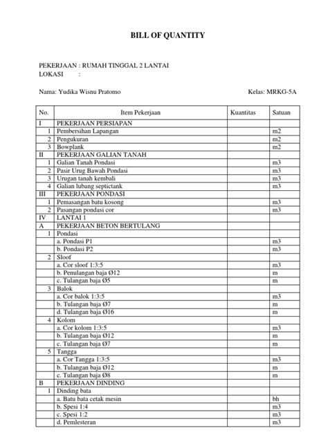 Bill Of Quantities Template