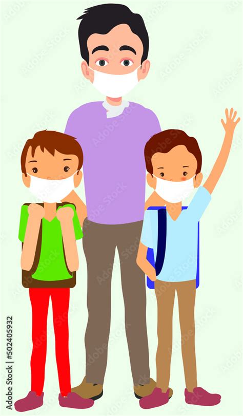 Vector design of a cartoon teacher with pupils wearing masks on a white ...