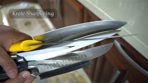 sharpening 8 knives using 1x30 belt sander. real time. - YouTube