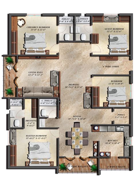 4BHK Floor Plan with 2 Bathrooms and 1 Living Room