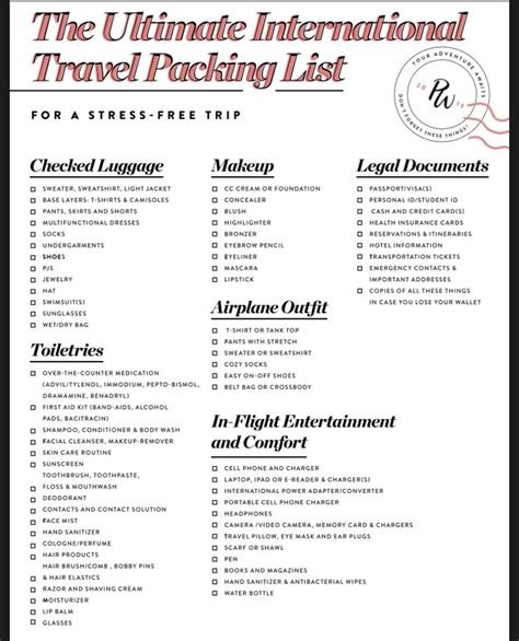 the ultimate international travel packing list is shown in black and white, with red lettering