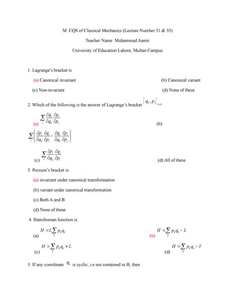 Classical Mechanics Mcq - M. CQS of Classical Mechanics (Lecture Number ...