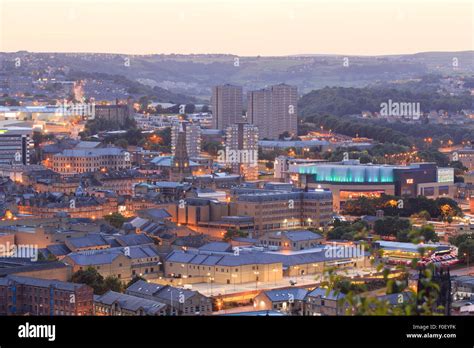 Halifax, England - august 12th, 2015: Halifax town centre at dusk with the vue cinema at broad ...