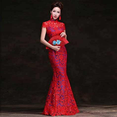 Red Blue Lace Cheongsam Traditional Chinese Dress Woman Bride Fashion ...