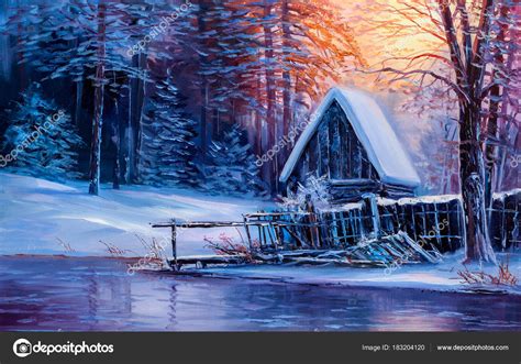 Old cabin in winter forest.Oil painting. — Stock Photo © sbelov #183204120