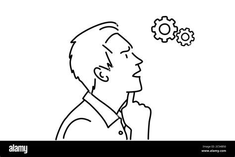 Line drawing of thoughtful man holding hand on chin. Profile. Vector ...