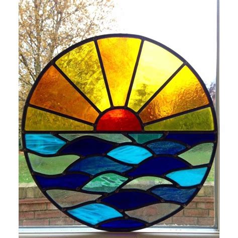 Hand Crafted Stained Glass Round Circle Window Door Panels Sun Set Sea ...