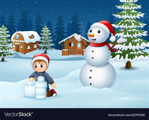 Cartoon boy making snow building Royalty Free Vector Image