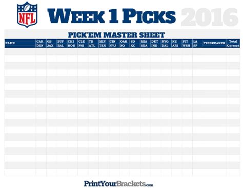 NFL Week 1 Picks Master Sheet Grid