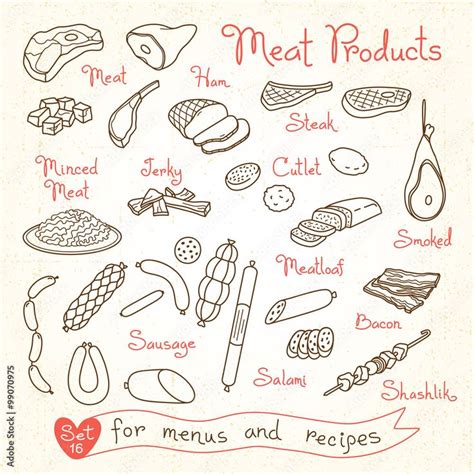 Set drawings of meat products for design menus, recipes and packages ...