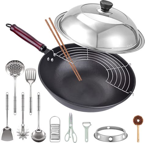 Buy DZZIT 13" Carbon Steel Wok, 14 Pcs with Lid Round Bottom Wok Set, No Chemical Coated Chinese ...