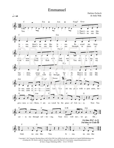 Emmanuel Lead Sheet, Lyrics, & Chords | Darlene Zschech | Worship Together Digital Store