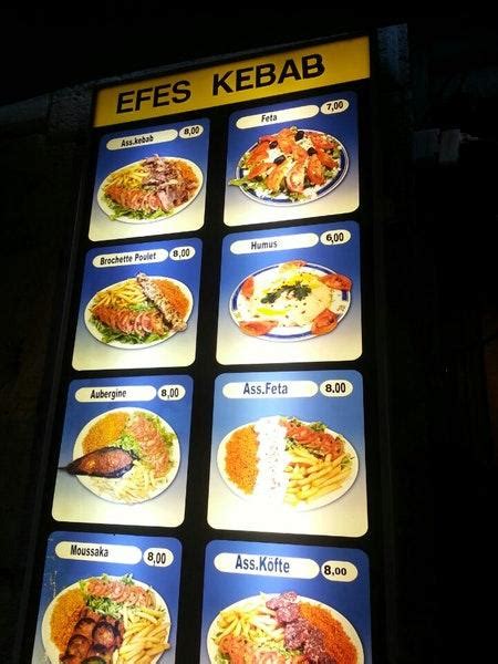 Menu at Efes Kebab restaurant, Bordeaux