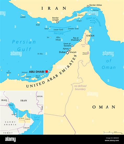 Strait of Hormuz, Abu Musa and the Tunbs political map. Only sea ...