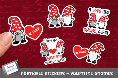 Valentine's Day Stickers - 5 Valentine Gnome Stickers - PNG (1143174) | Stickers | Design Bundles